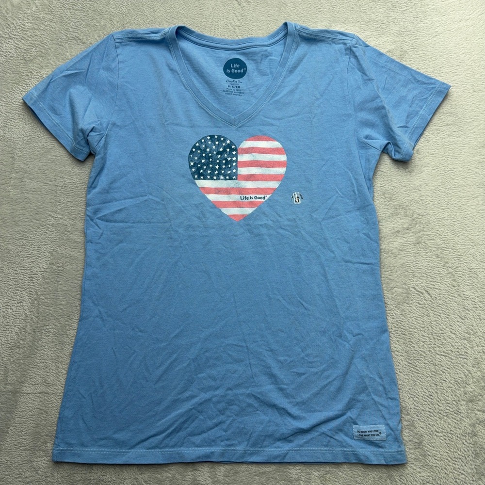 Life is Good T-Shirt Womens Small Blue Crusher Tee American Flag Heart V-Neck